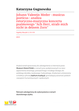 Katarzyna Gugnowska Johann Valentin Meder - Musicus Poeticus : Analiza Retoryczno-Muzyczna Koncertu Psalmowego "Ach Herr, Strafe Mich Nicht in Deinem Zorn"