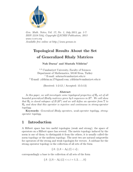 Topological Results About the Set of Generalized Rhaly Matrices 1