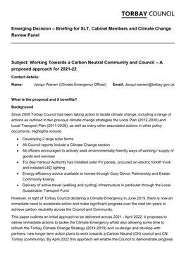 Emerging Decision – Briefing for SLT, Cabinet Members and Climate Change Review Panel Subject