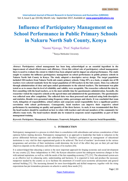 Influence of Participatory Management on School Performance in Public Primary Schools in Nakuru North Sub County, Kenya