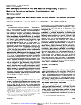 DMA-Damaging Activity in Vivo and Bacterial Mutagenicity of Sixteen Hydrazine Derivatives As Related Quantitatively to Their Carcinogenicity1