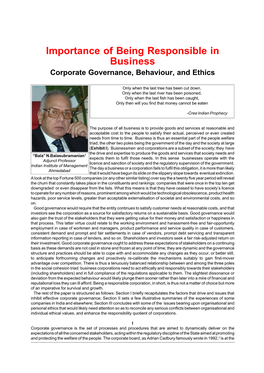 Importance of Being Responsible in Business: Corporate Governance