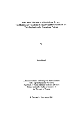 The Role of Education in a Multicultural Society: the Theoretical Foundations of Mainstream Multiculturalism and Their Implications for Educational Policies