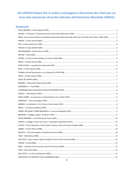 Siti UNESCO Italiani (53, in Ordine Cronologico) E Descrizione Dei Criteri Per Cui Sono Stati Selezionati Ed Iscritti Nella Lista Del Patrimonio Mondiale UNESCO