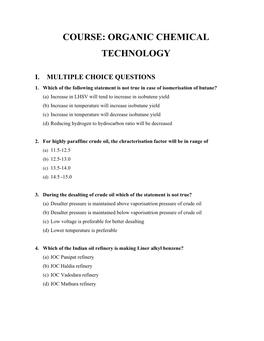 Course: Organic Chemical Technology