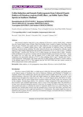 Callus Induction and Somatic Embryogenesis from Cultured Zygotic Embryo of Eleiodoxa Conferta (Griff.) Burr., an Edible Native Plant Species in Southern Thailand