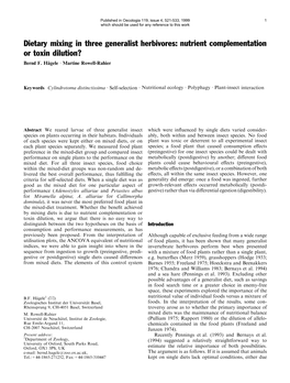 Dietary Mixing in Three Generalist Herbivores: Nutrient Complementation Or Toxin Dilution? Bernd F