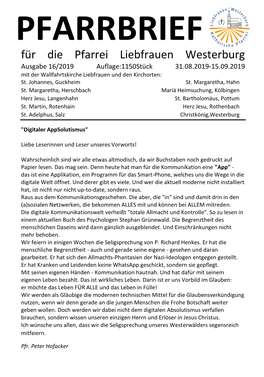 PFARRBRIEF Für Die Pfarrei Liebfrauen Westerburg Ausgabe 16/2019 Auflage:1150Stück 31.08.2019-15.09.2019 Mit Der Wallfahrtskirche Liebfrauen Und Den Kirchorten: St