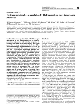 Post-Transcriptional Gene Regulation by Hur Promotes a More Tumorigenic Phenotype