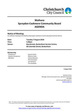 Agenda of Waihoro/Spreydon-Cashmere Community Board