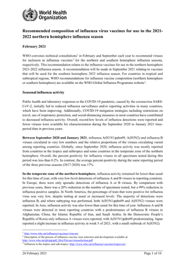 Recommended Composition of Influenza Virus Vaccines for Use in the 2021- 2022 Northern Hemisphere Influenza Season