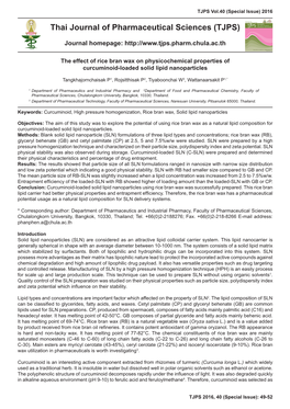 The Effect of Rice Bran Wax on Physicochemical Properties of Curcuminoid-Loaded Solid Lipid Nanoparticles