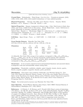 Warwickite (Mg, Ti, Al)2O(BO3) C 2001-2005 Mineral Data Publishing, Version 1