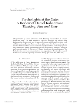 Psychologists at the Gate: a Review of Daniel Kahneman's Thinking, Fast