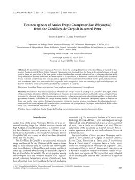 Two New Species of Andes Frogs (Craugastoridae: Phrynopus) from the Cordillera De Carpish in Central Peru