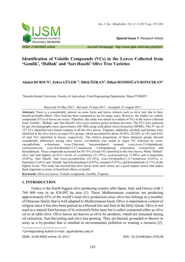 Identification of Volatile Compounds (Vcs) in the Leaves Collected from ‘Gemlik’, ‘Halhalı’ and ‘Sarı Hasebi’ Olive Tree Varieties