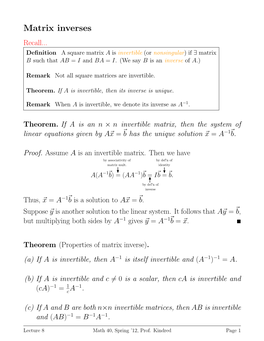 Matrix Inverses Recall