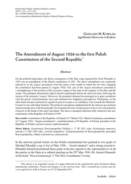 The Amendment of August 1926 to the First Polish Constitution of the Second Republic*