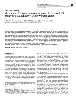 Variation in the Type I Interferon Gene Cluster on 9P21 Influences Susceptibility to Asthma and Atopy