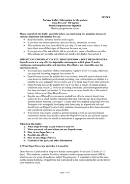 PFIZER Package Leaflet: Information for the Patient Depo-Provera® 150 Mg/Ml Sterile Suspension for Injection Medroxyprogesterone Acetate