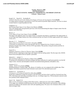 IMPACT EVENTS: MODELING, EXPERIMENTS, and OBSERVATIONS III 6:30 P.M