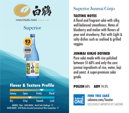 Superior Junmai Ginjo TASTING NOTES a Floral and Fragrant Saké with Silky, Well-Balanced Smoothness