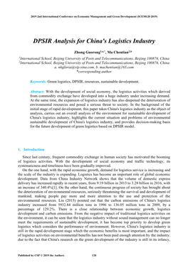 DPSIR Analysis for China's Logistics Industry