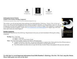 Use This Chart to Record Important Information from Edith Hamilton's Mythology, Part One: the Gods, Stop After Hestia. Please