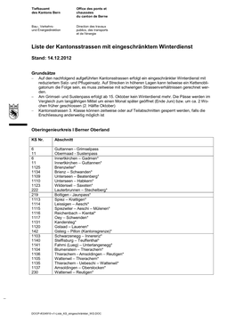 Liste Der Kantonsstrassen Mit Eingeschränktem Winterdienst