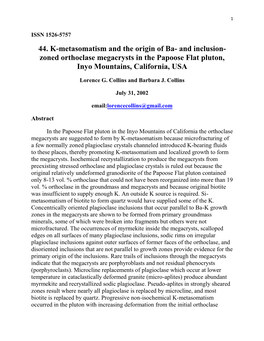 44. K-Metasomatism and the Origin of Ba- and Inclusion- Zoned Orthoclase Megacrysts in the Papoose Flat Pluton, Inyo Mountains, California, USA