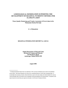 Limnological Information Supporting the Development of Regional Nutrient Criteria for Alaskan Lakes