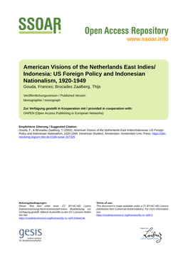 American Visions of the Netherlands East Indies/ Indonesia: US Foreign Policy and Indonesian Nationalism, 1920-1949 Gouda, Frances; Brocades Zaalberg, Thijs