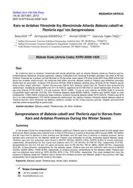 Kars Ve Ardahan Yöresinde Kış Mevsiminde Atlarda Babesia Caballi Ve Theileria Equi ’Nin Seroprevalansı