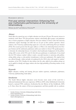 Enhancing First- Year Mathematics Performance at the University of Johannesburg Melanie Jacobs* and Estherna Pretorius**