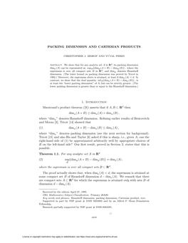 PACKING DIMENSION and CARTESIAN PRODUCTS 1. Introduction Marstrand's Product Theorem