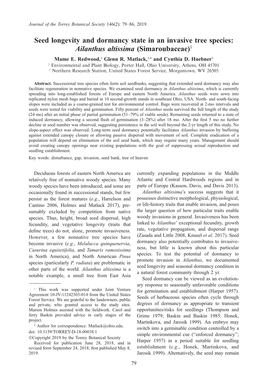 Seed Longevity and Dormancy State in an Invasive Tree Species: Ailanthus Altissima (Simaroubaceae)1 Mame E