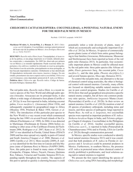 Chilocorus Cacti (Coleoptera: Coccinellidae), a Potential Natural Enemy for the Red Palm Mite in Mexico