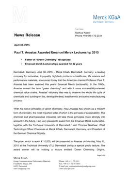 Paul T. Anastas Awarded Emanuel Merck Lectureship 2015