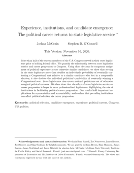 Experience, Institutions, and Candidate Emergence: the Political Career Returns to State Legislative Service ∗