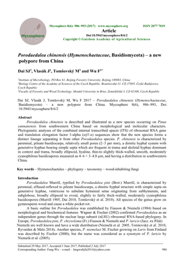 Hymenochaetaceae, Basidiomycota) – a New Polypore from China