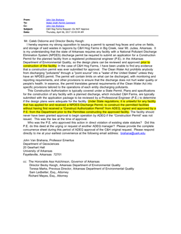 Mr. Caleb Osborne and Director Becky Keogh: I Hereby Express My Strong Opposition to Issuing a Permit to Spread Hog Feces and Ur
