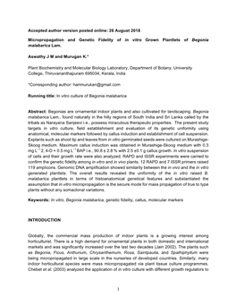 1 Accepted Author Version Posted Online: 26 August 2018 Micropropagation and Genetic Fidelity of in Vitro Grown Plantlets of B