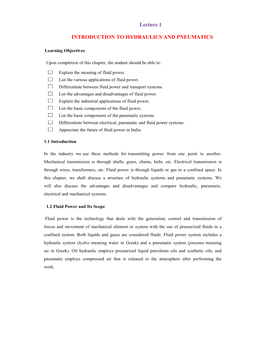 Lecture 1 INTRODUCTION to HYDRAULICS and PNEUMATICS