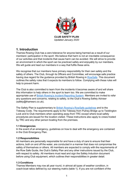 1. Introduction Thames Rowing Club Has a Zero Tolerance for Anyone Being Harmed As a Result of Our Members’ Participation in the Sport