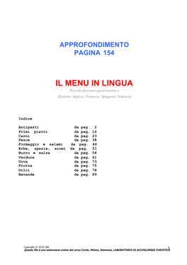 IL MENU in LINGUA Piccolo Dizionario Gastronomico (Italiano, Inglese, Francese, Spagnolo, Tedesco)