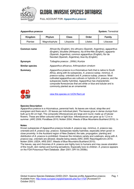 FULL ACCOUNT FOR: Agapanthus Praecox Global Invasive Species Database (GISD) 2021. Species Profile Agapanthus Praecox. Available