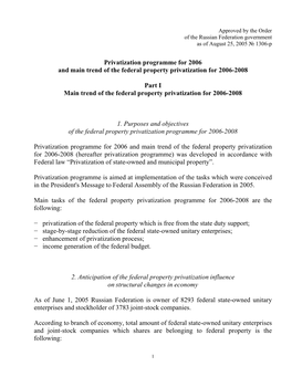 Privatization Programme for 2006 and Main Trend of the Federal Property Privatization for 2006-2008