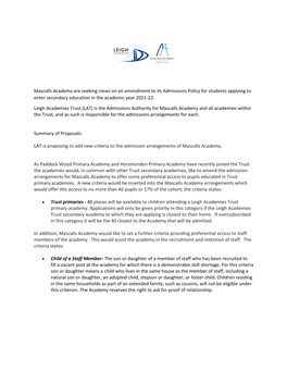 Mascalls Academy Are Seeking Views on an Amendment to Its Admissions Policy for Students Applying to Enter Secondary Education in the Academic Year 2021-22