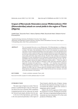 Impact of Nematode Heterodera Avenae Wollenwebwer, 1924 (Heteroderidae) Attack on Cereal Yields in the Region of Tiaret (Algeria)