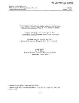 SYNOPSIS of BIOLOGICAL DATA on DOGTOOTH TUNA Gymnosarda Unicolor (Ruppeli) 1838 (INDO.-PACIFIC)